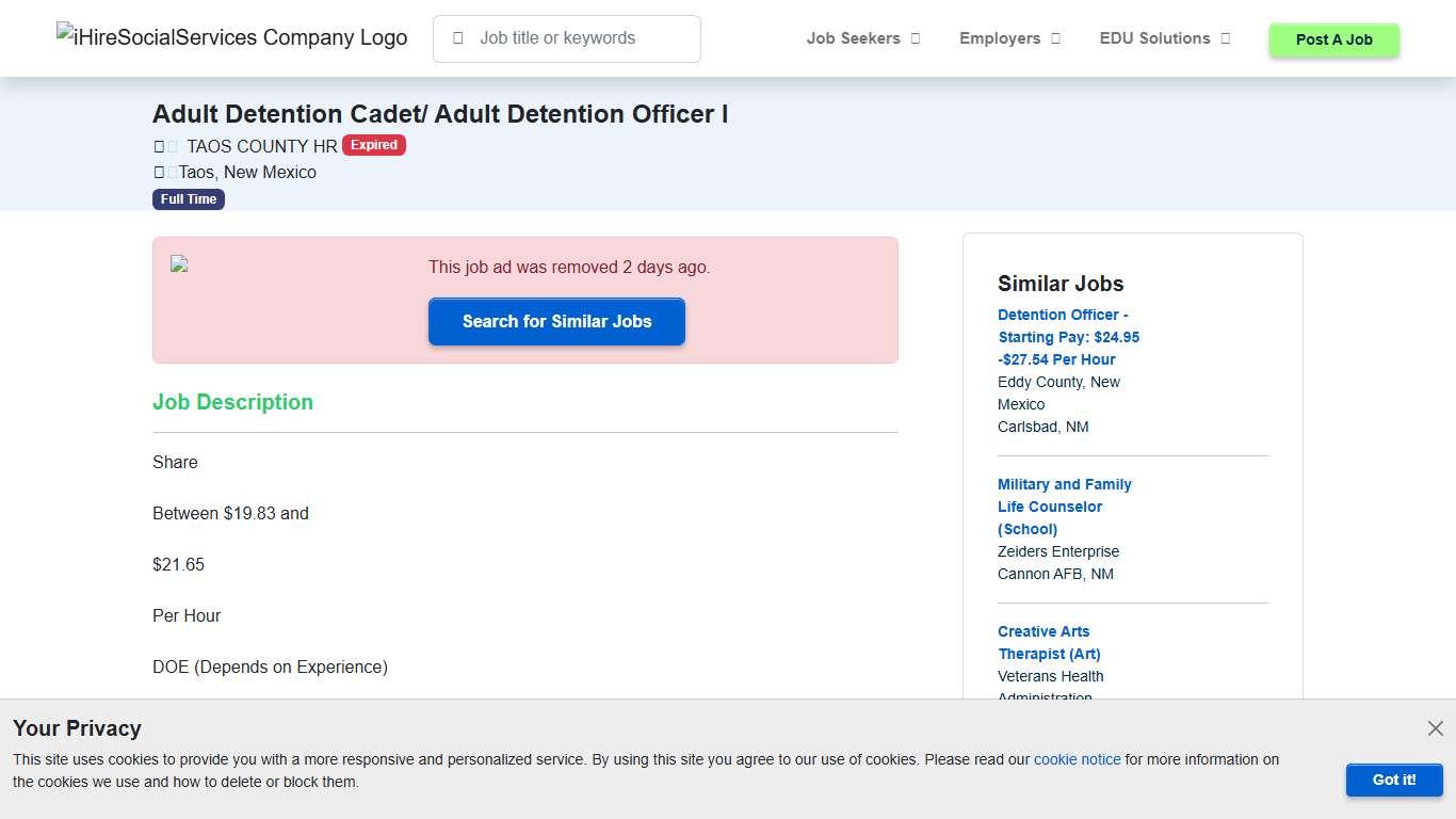 Adult Detention Cadet/ Adult Detention Officer I - Taos, New Mexico iHireSocialServices